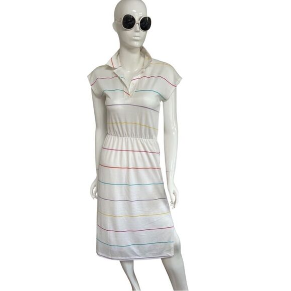 Vintage 1970s Handmade One of a Kind Rainbow Stripe Cinch Waist Polo Midi Dress - Picture 2 of 15